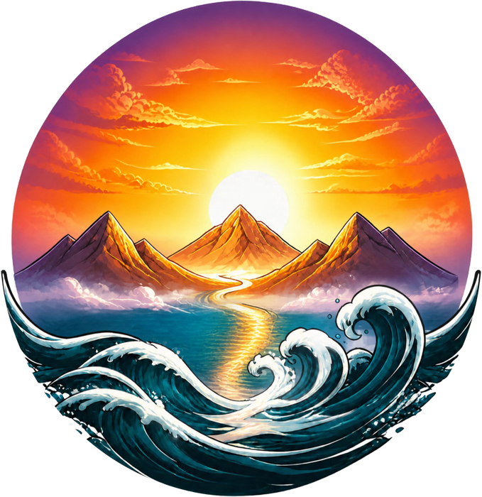 Uskumatu Travel emblem: mountains, a winding road and ocean waves at sunset